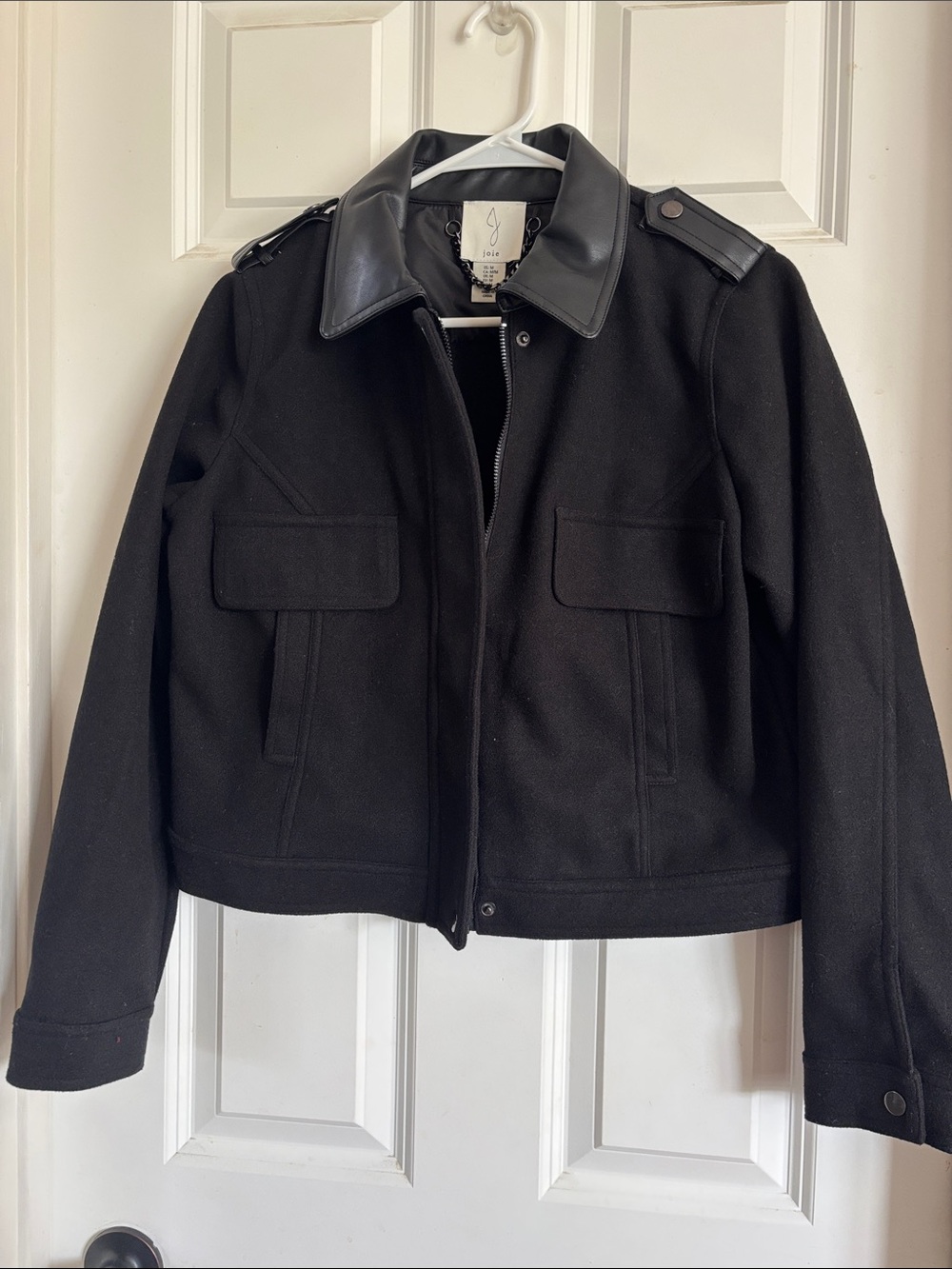 Joie Black Wool-Blend Bomber Jacket with Leather Collar